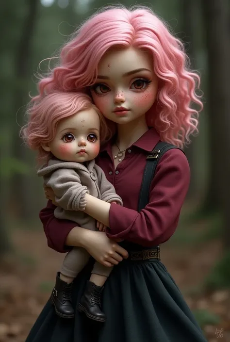  A teenage girl with curly pink hair baby at waist height, Red eyes some freckles on the nose burgundy blouse black skirt black boot  