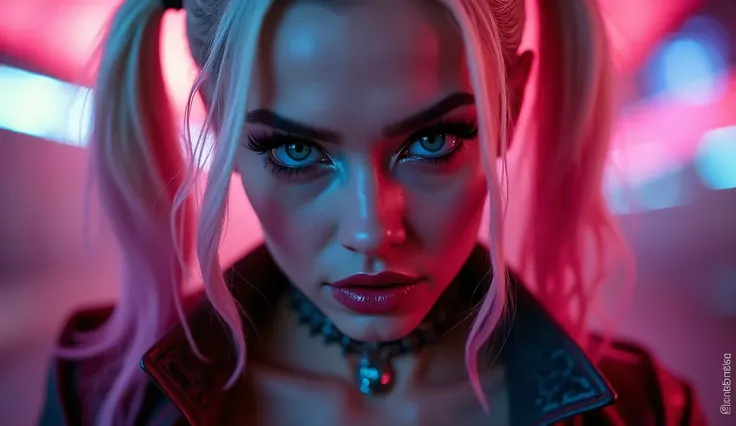  a close up of a woman with a necklace and a choker, Margot Robbie as Harley Quinn,  Neon Operator Margot Robbie , film still Harlequin , Emma Watson as Harley Quinn,   Harley Queen , harley quinn,  photo from the movie Harley Quinn ,   Emma Watson is Harl...