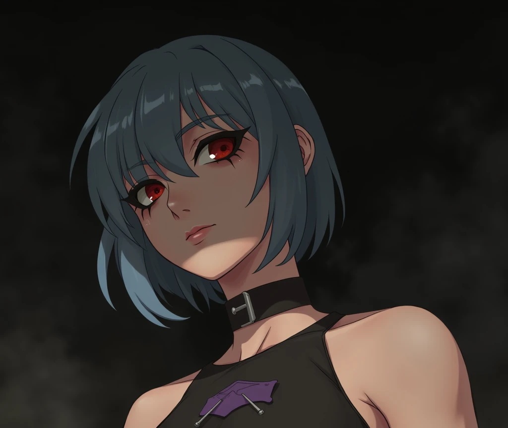  The image portrays a female character with blue hair and bright red eyes. She has a dark and determined expression ,  with dark makeup that accentuates her intimidating appearance .  Her costume is composed of black and purple details ,  with elements tha...