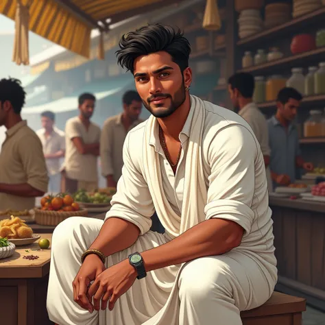 "Chintamani, the handsome and strong young man, sitting confidently in his fathers busy shop, wearing a simple white kurta and dhoti, with a pleasant expression as he assists customers."