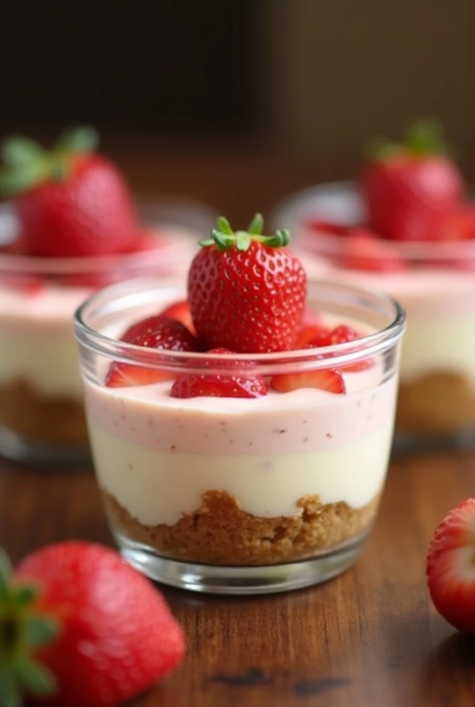 Delight in these creamy, dreamy strawberry cheesecake dessert cups that are as delicious as they are beautiful!,  The scene should be captured in warm, inviting lighting with a slight grainy texture, reminiscent of an old camera. The composition should con...