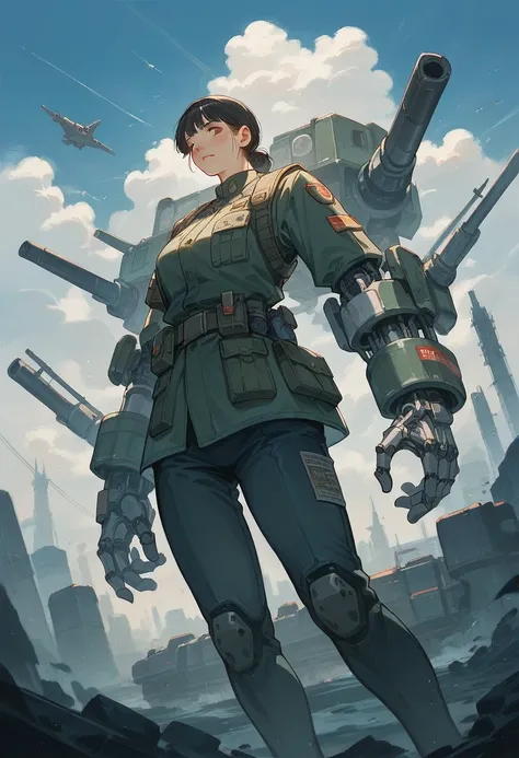 (Best Quality), Oriental detailed background , science fiction,  cloud behind mechanical arm ,Girls and guys , war, Monster Army, Techwear,, uniform