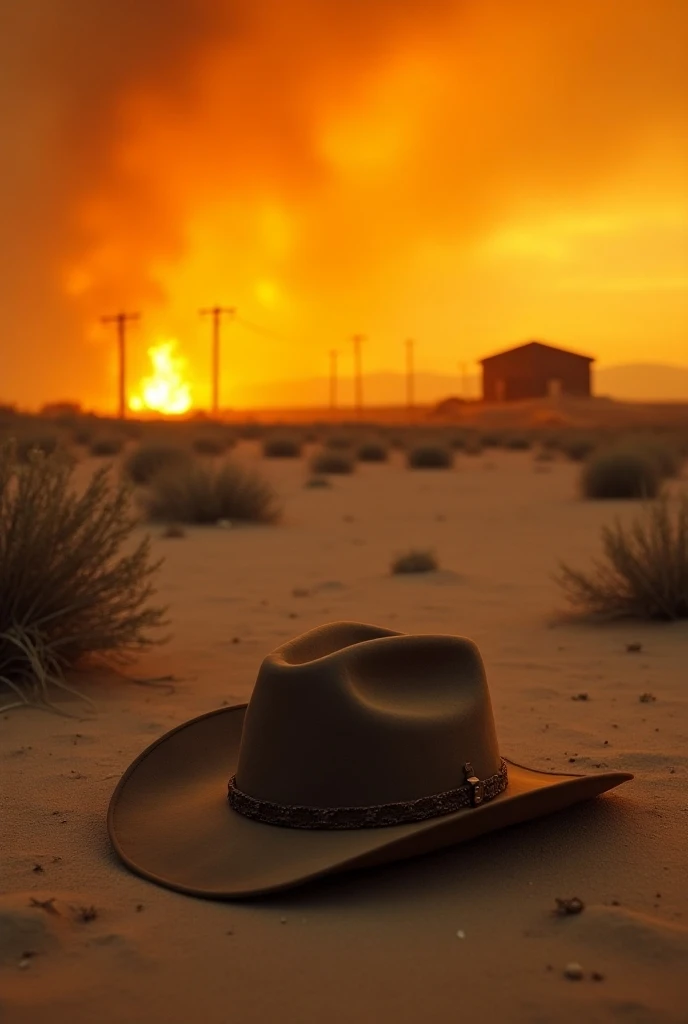 Make only the cowboy hat in the desert and on the ground with the orange sky with a farm on fire ONLY 1 HAT AND WITH MORE BUSH AROUND with the hat closer to the farm with the most fire