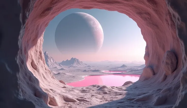 There is a pale pink lake on the large surface of the moon 、 I can see a view of the horizon on the lunar surface spreading out of the window of the hut、 the earth the size of the moon floats in the sky 、 8k)),, Advanced Details scene, !!Advanced Details!!...