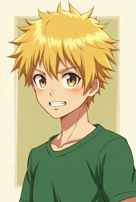  a cartoon image of a young man with blond hair and a green shirt, a character portrait by Puru,  trend on Pixiv , shin hanga,  handsome man in the style of Demon Slayer , [[[[smiling maliciously]]]], Fanart de Rui , the Demon Slayer, young anime man,  blo...