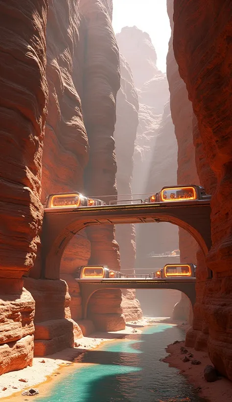 "Create a realistic futuristic version of Petra in Jordan, where ancient rock-cut facades are seamlessly integrated with advanced, high-tech architecture. The red sandstone cliffs retain the iconic carved details of Nabataean design, but are now enhanced w...