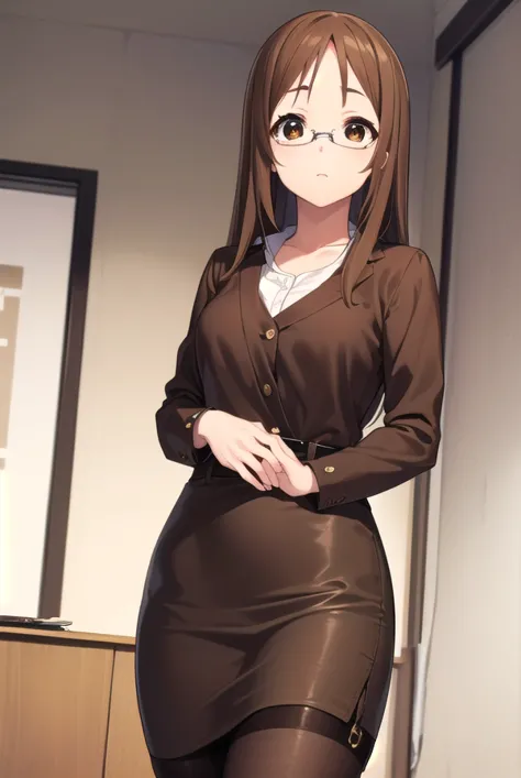 sawakoyamanaka, yamanaka sawako , ( brown eyes :1.5), brown hair, glasses, long hair,
break belt, official style,  pantyhose, te...