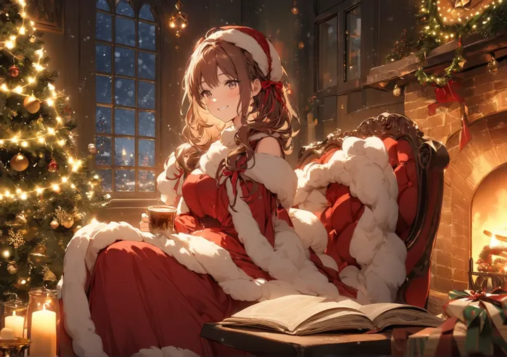 
 A young woman seated in a red velvet armchair in front of a fireplace decorated with twinkling lights and pine garlands. next to,  a small table with a cup of hot chocolate decorated with whipped cream and cinnamon .  An illuminated Christmas tree shines...