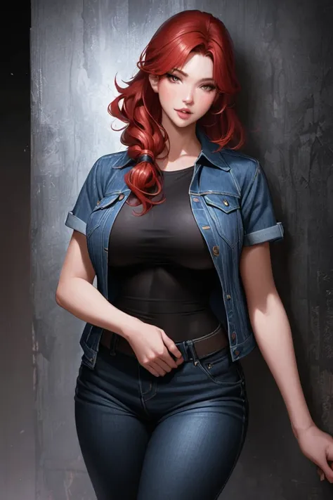 (semi-realistic) Red-haired woman in her 30s ,  with long hair with semi-tied hair .  Wearing very tight jeans with a black top and a denim jacket,  big breasts shirt. slender
