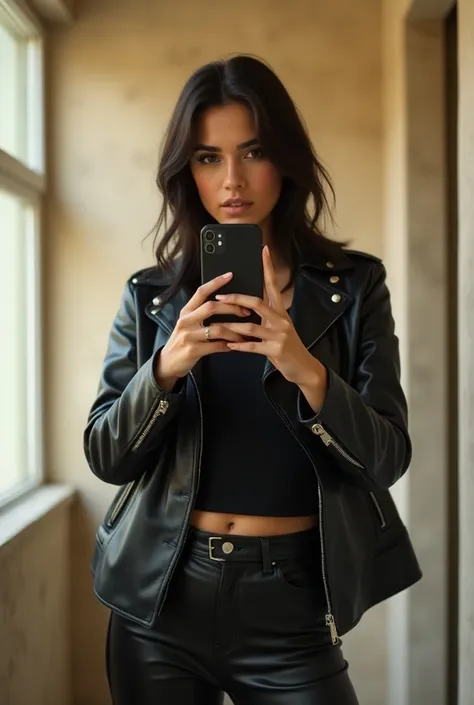 A young Argentinian brown woman wearing a black leather jacket ,  black t-shirt ,  black leather pants and travel suitcase taking a selfie with a black iPhone in a bathroom, Sunny atmosphere