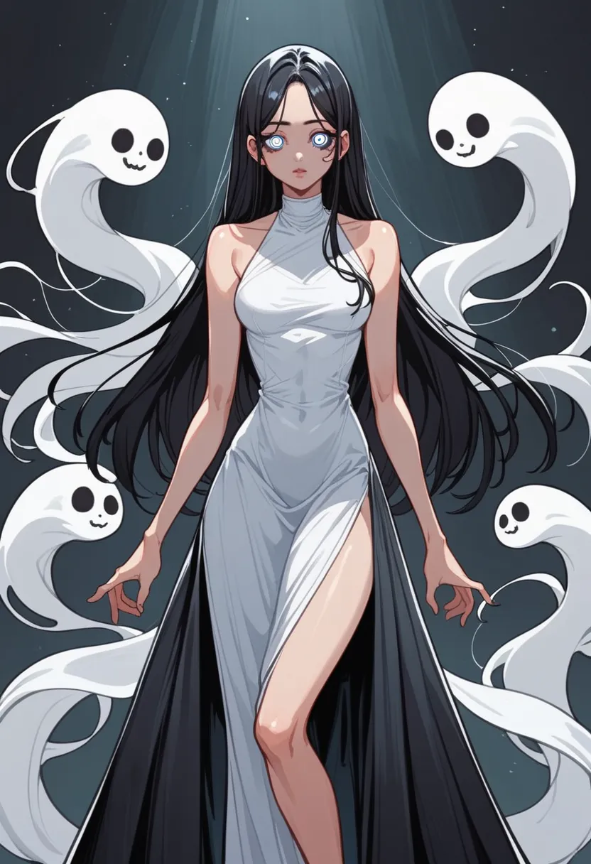 1 girl, ghost costume, all simple drawings. anime, beautiful, black hair, ghost cosstume style, beautiful squinting eyes, standi...