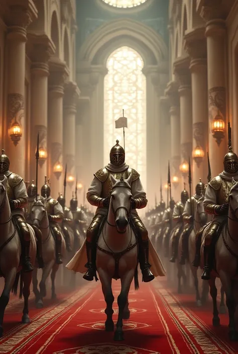 Ottoman caliphate with ottoman helmet and white beautiful armor. Marching victorious in big mosque.