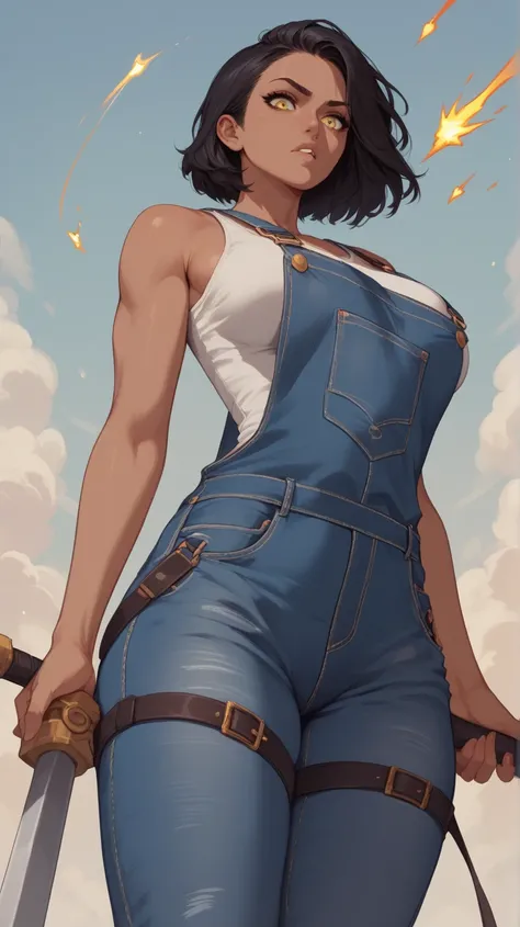  Rabbit blacksmith , in the forge ,  forges a sword with a hammer , anvil, dark hair, yellow eyes, god,  inflated body ,  tanned skin ,  deep leather, denim pants with straps, overalls, nsfw,  beautiful breasts ,  boobs move,  Bottom view, sparks, bare boo...