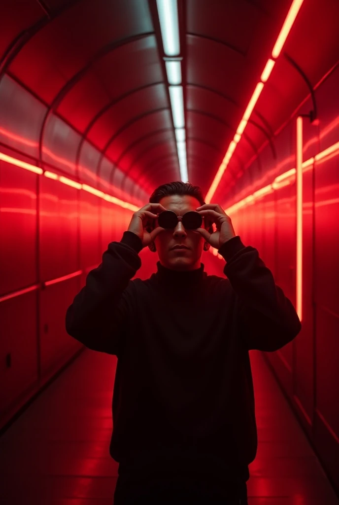 metallic tunnel background futuristic alley in the urban street with red neon lights that are dark outside and that the lights that stand out are red that are a lot of lights and that it is a well-saturated red with a DJ with his hands in the lenses lookin...