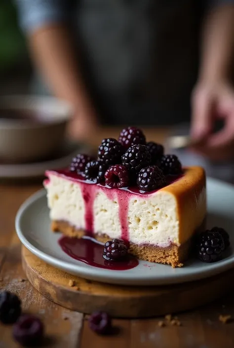 🍇 **Blackberry Cheesecake** 🍰,  The scene should be captured in warm, inviting lighting with a slight grainy texture, reminiscent of an old camera. The composition should convey a casual yet appealing presentation that highlights the dishs homemade charm. ...