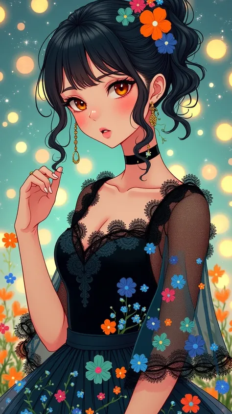  A charming scene in Yuko Shimizus art style, a woman is dressed in a black lace dress adorned with colorful flowers. Her hair is pulled back in a ponytail, adorned with a few colorful flowers, adding a pop of color to the scene. The womans dress is adorne...