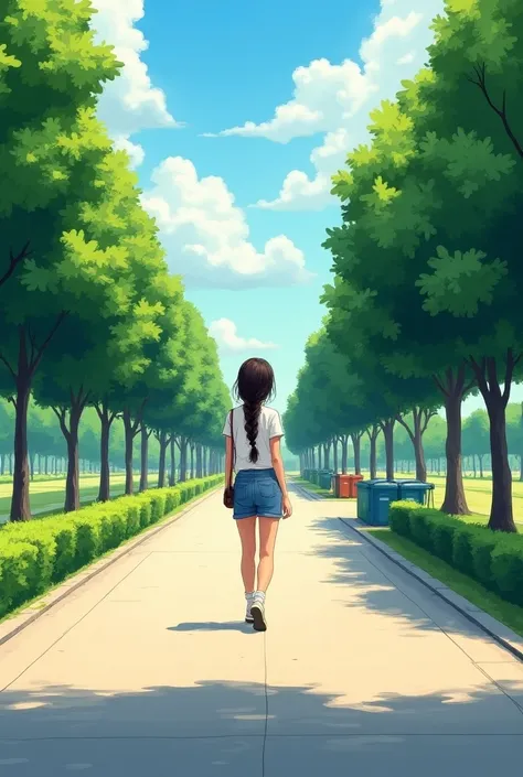  A woman is walking along a path in a recreation park .  On both sides of the road appear neatly planted and arranged trees .  Also visible are garbage cans placed in some places along the road.  Illustrate the situation with an emphasis on perspective , r...