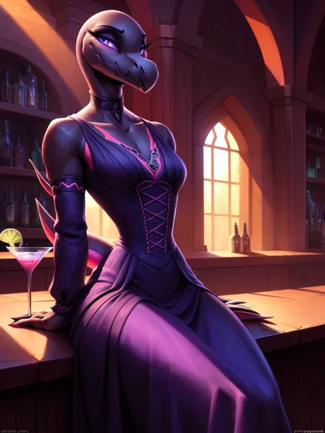 uploaded on e621, ((Salazzle)) by Pixelsketcher, by Bayard Wu, by Thomas Benjamin Kennington , by Einshelm, anthro, ((full body focus)), BREAK, ((dress:1.2)),wearing black victorian dress, long flowing dress, long sleeve victorian dress, dress flowing down...