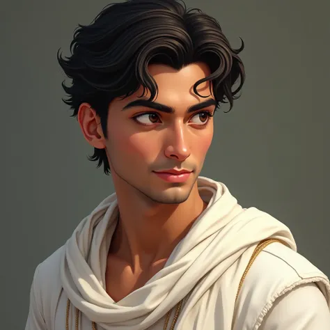 "A close-up of Chintamani, a handsome young man with sharp features, dressed in a simple white kurta and dhoti, traditional Rajasthani attire, exuding strength and charm as he smiles softly."