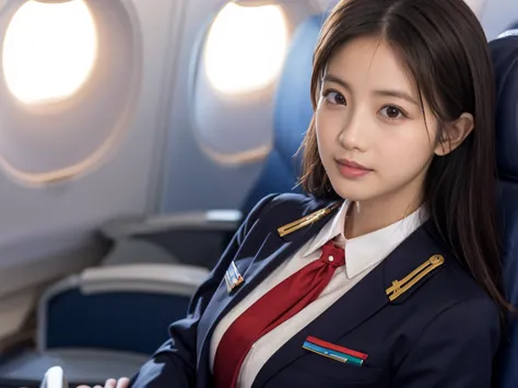 Best Quality, masterpiece, 8k,  super high definition, (Realistic: 1.4),  1 girl, Facial beauty,  symmetrical eyes, big, Perfect figure, Stewardess uniform, viewer perspective, (On the plane: 1.2), Front View, Shoulder Jump, Absolute territory (1.3),
