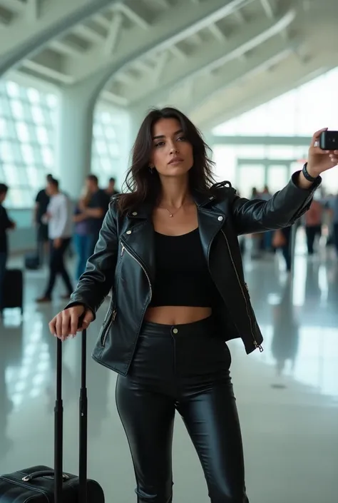 A young Argentinian brown woman wearing a black leather jacket ,  black t-shirt , black leather pants and travel suitcase taking a selfie inside an airport, Sunny atmosphere