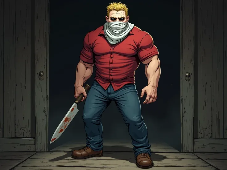 Anime art-style, medium shot of a tall, strong, Very muscular, uncanny,creepy blond man, with dark eyes. with a dirty ragged white cloth tied to his Head, covering his entre face, covering even his forehead, with holes for his eyes. He is wearing a red but...