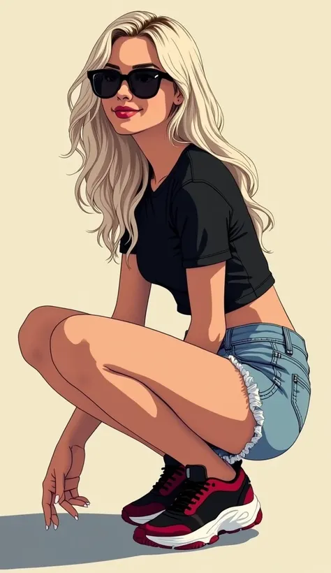 The image shows a vector art of a young woman posing in a stylish and casual environment, capturing a sensual vibe. She is wearing a black crop top paired with light blue denim shorts, which are slightly frayed at the hem, giving them a modern and distress...