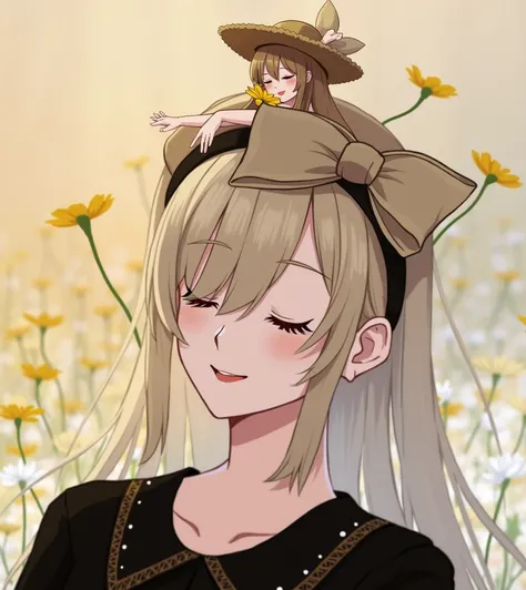 A young woman standing in a blooming field of yellow flowers, wearing a beige coat with delicate pleats and decorations, a wide-brimmed straw hat with a large brown bow. She is smiling with closed eyes, her right hand gently touching a yellow flower, her g...