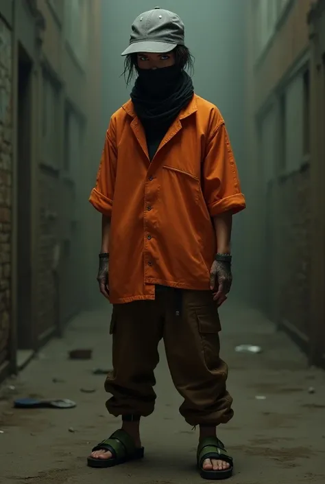 I want a male character wearing a gray cap ,  black mask covering the mouth , purple eyes, orange prisoner shirt ,  brown pants and a green sandal with a black strap.