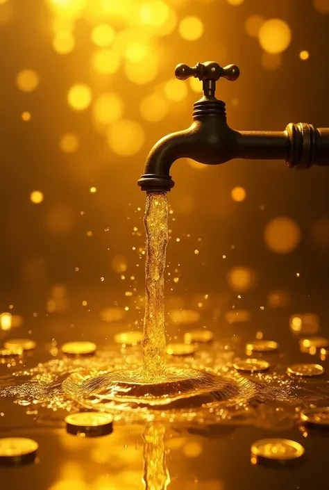 Gold water coming from tap and gold coins 