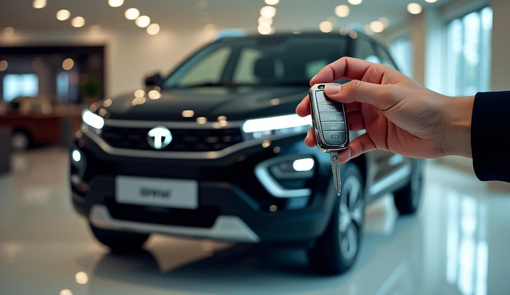 A close-up of a Black TATA CURVV  SUV in a showroom, with a hand holding the key in the foreground. The key is silver and black and has several buttons. The car is shiny and new. The key is likely for the new SUV.