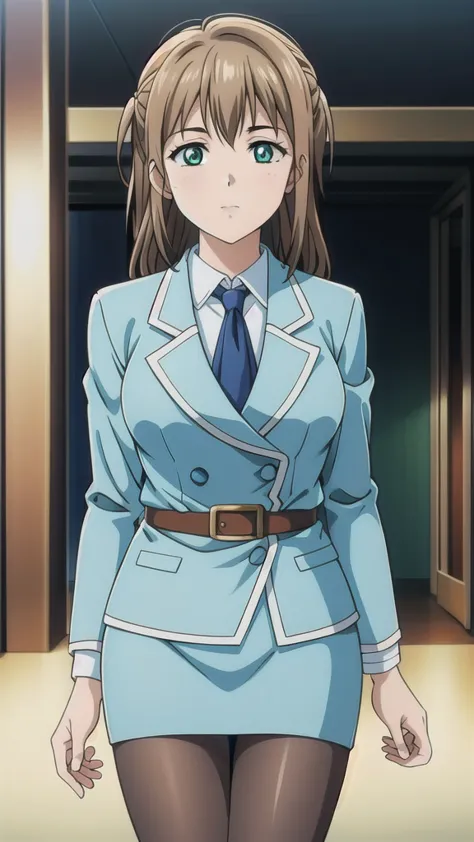 brown hair、long hair、、green eyes，悲しいface， full body style 、 normal breasts、 narrow waist 、bare legs、in a suit、 blue jacket ,襟付きs...