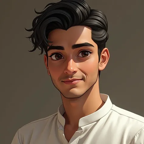 "A close-up of Chintamani, a handsome young man with sharp features, dressed in a simple white kurta and dhoti, traditional Rajasthani attire, exuding strength and charm as he smiles softly."