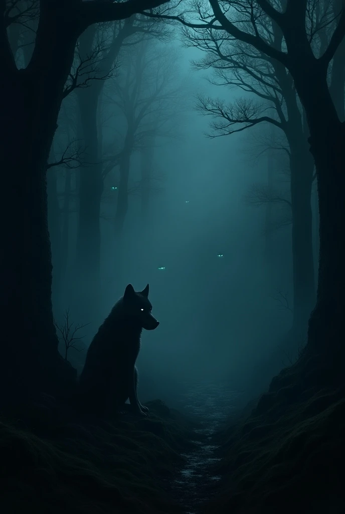 gloomy mood ,Spooky forest with fog and glowing animal eyes in bushes  , cave in which with in the dark sits a wolf where only the contours and eyes of the wolf can be seen ,realistic 