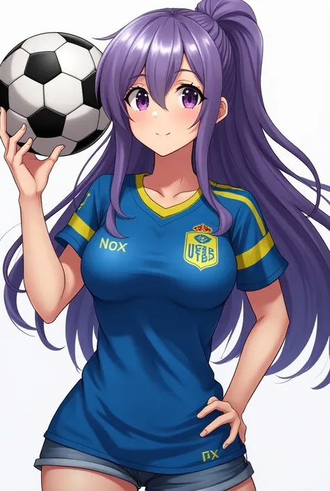 Beautiful Boluptuous anime woman with long purple hair with white highlights and with a blue t-shirt and emblem on her yellow chest and with yellow stripes and full body and a soccer ball in her hands and the word NOX