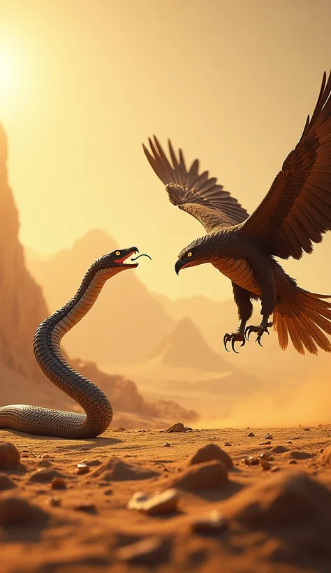 : "In the arid desert, a cobra raises its hood, its eyes narrow as it sways in the hot sun. Across from it, a griffon lands, claws digging into the sand, its golden eyes meeting the snake’s hypnotic gaze as the tension builds."