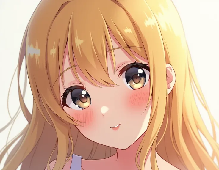 Blushing blonde anime woman with outstanding attributes and a little milk on her face