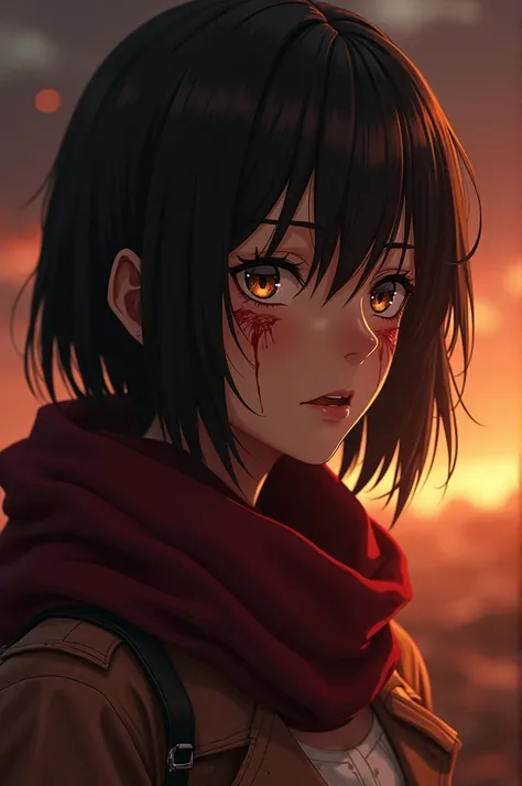 (masterpiece), (hyper realistic), Attack on Titan, half body shot, Mikasa Ackerman, Crying, sadness, Tears, A maroon scarf around his neck, blood stains on his face and clothes, dinamic lighting, dramatic fire background