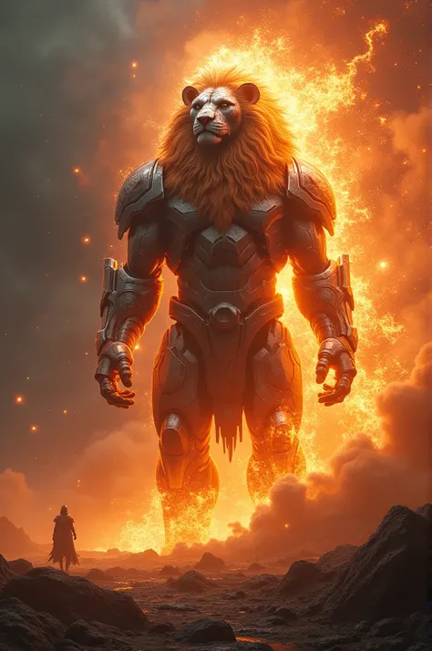 A towering, god-like Iron Lion that radiates with pure energy. Its body is forged from the core of a dying star, with metallic skin that can withstand any attack. It can harness the power of stars to launch devastating solar flares and create a gravity fie...