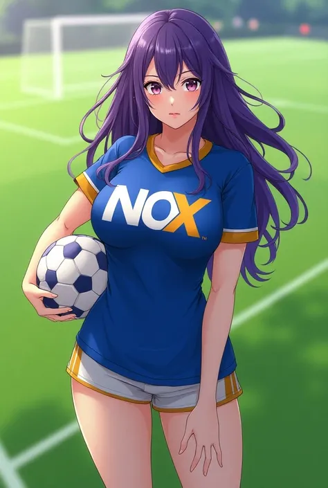 Beautiful Boluptuous anime woman with long purple hair with white highlights and with a blue t-shirt and emblem on her yellow chest and with yellow stripes and full body on a soccer field and in her hands a soccer ball and the word NOX