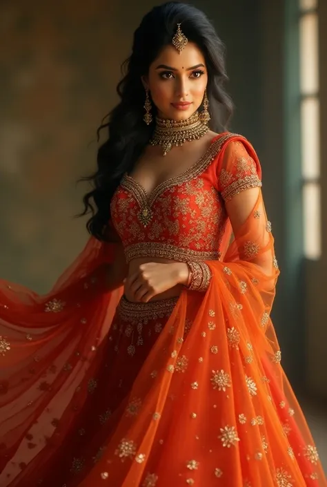 Create an image of Madhuri Dixit actress dressed in a traditional Indian short lahenga, the fabric is vibrant and elegant, flowing gracefully around her, with intricate details that enhance her classic charm."
Realistic  and lahenga eye large show beautifu...