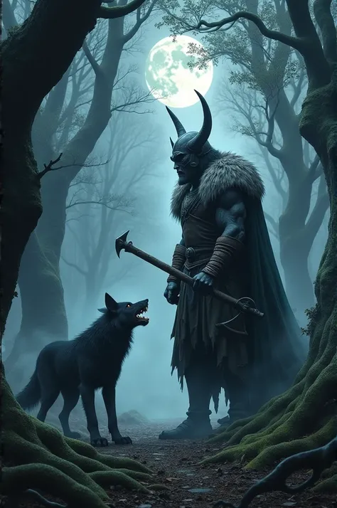 The monstrous venom and the Black Wolf: "Design a dramatic digital artwork or photo manipulation featuring a monstrous venom and black wolf in a mist-laden, ancient forest. The monstrous venom, wielding a heavy battle axe and adorned with a horned helmet a...