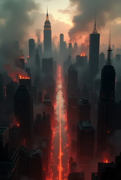 new york quasi distrutta,  set on fire and with a huge moat in the center of the city. dark atmosphere . Everything is caused by a demon  