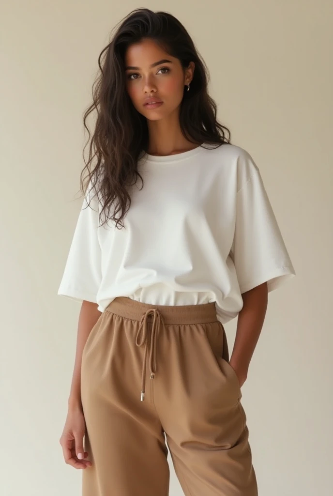 A girl with a coffee-colored skin tone with long wet curls reaching past her waist in an oversized style , oversized white crew neckline short-sleeve T-shirt and mocha joggers, and with white socks 