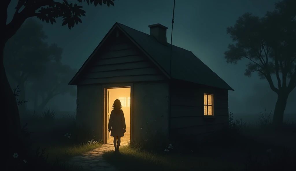 An image of a simple house ,  softly illuminated by the light of a lamp or a candle ,  with the figure of the protagonist entering with an expression of dread.  Perhaps a window showing the darkness outside .