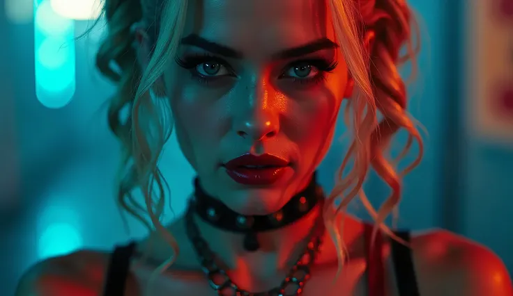  a close up of a woman with a necklace and a choker, Margot Robbie as Harley Quinn,  Neon Operator Margot Robbie , film still Harlequin , Emma Watson as Harley Quinn,  Harley Queen , harley quinn,  photo from the movie Harley Quinn ,  Emma Watson is Harley...