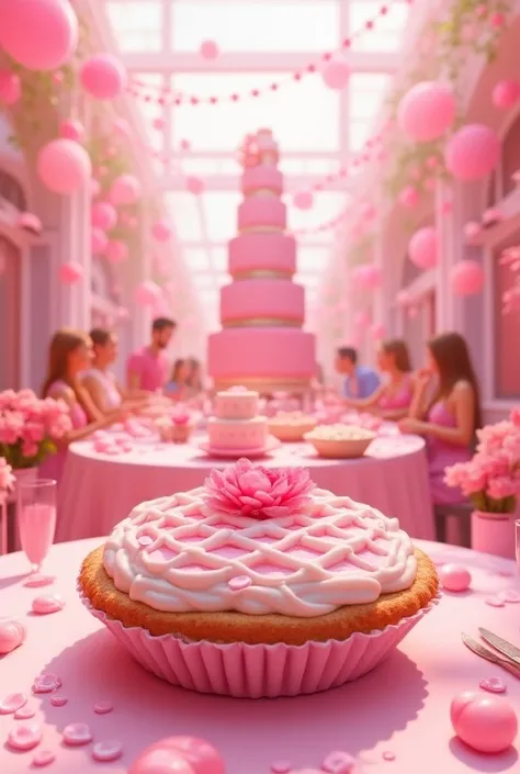 Pink pie at a pink party in the background 
With a cake in the back 