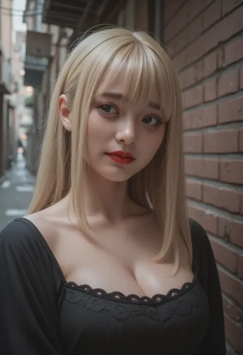 Japanese,Gothic,Airy hair,blonde hair,bangs,black eyes,red lips,make up,busty,sad,light smile,upper body,alley