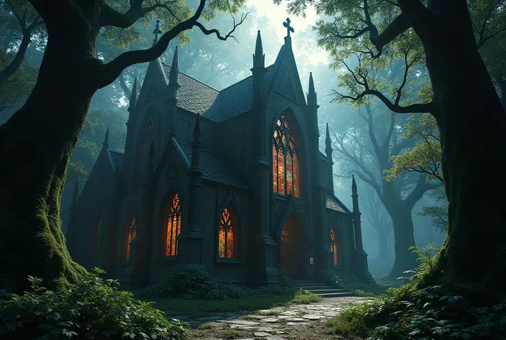 a dark and gloomy forest chapel, detailed gothic architecture, ornate stained glass windows, sunlight streaming through the trees, overgrown vines and moss, a sense of mystery and solemnity, (best quality,8k,hyper detailed,photorealistic:1.4),dramatic ligh...