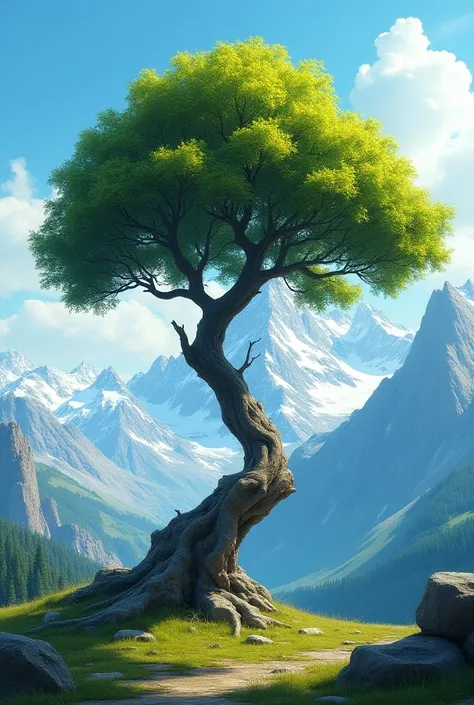 Green tree with mountain